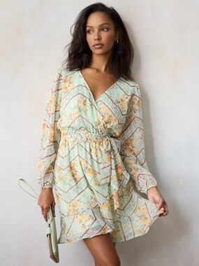 Lauren Conrad Mint Green Floral Wrap Dress Gold Detail XS